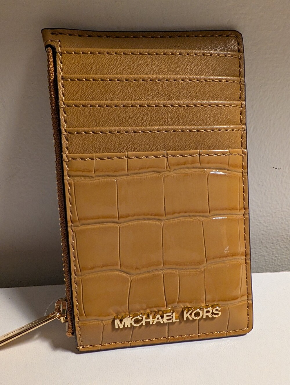 NWT Michael Kors Jet Set Travel Croc Embossed Medium Top Zip Card Case Deer